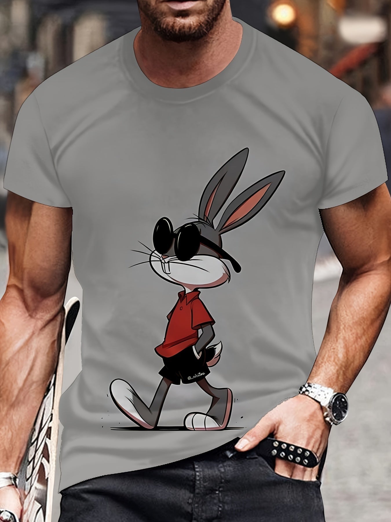 T-shirt da uomo Valstrend con stampa 3D con coniglio, maniche corte, collo rotondo, tessuto elasticizzato e vestibilità regolare.