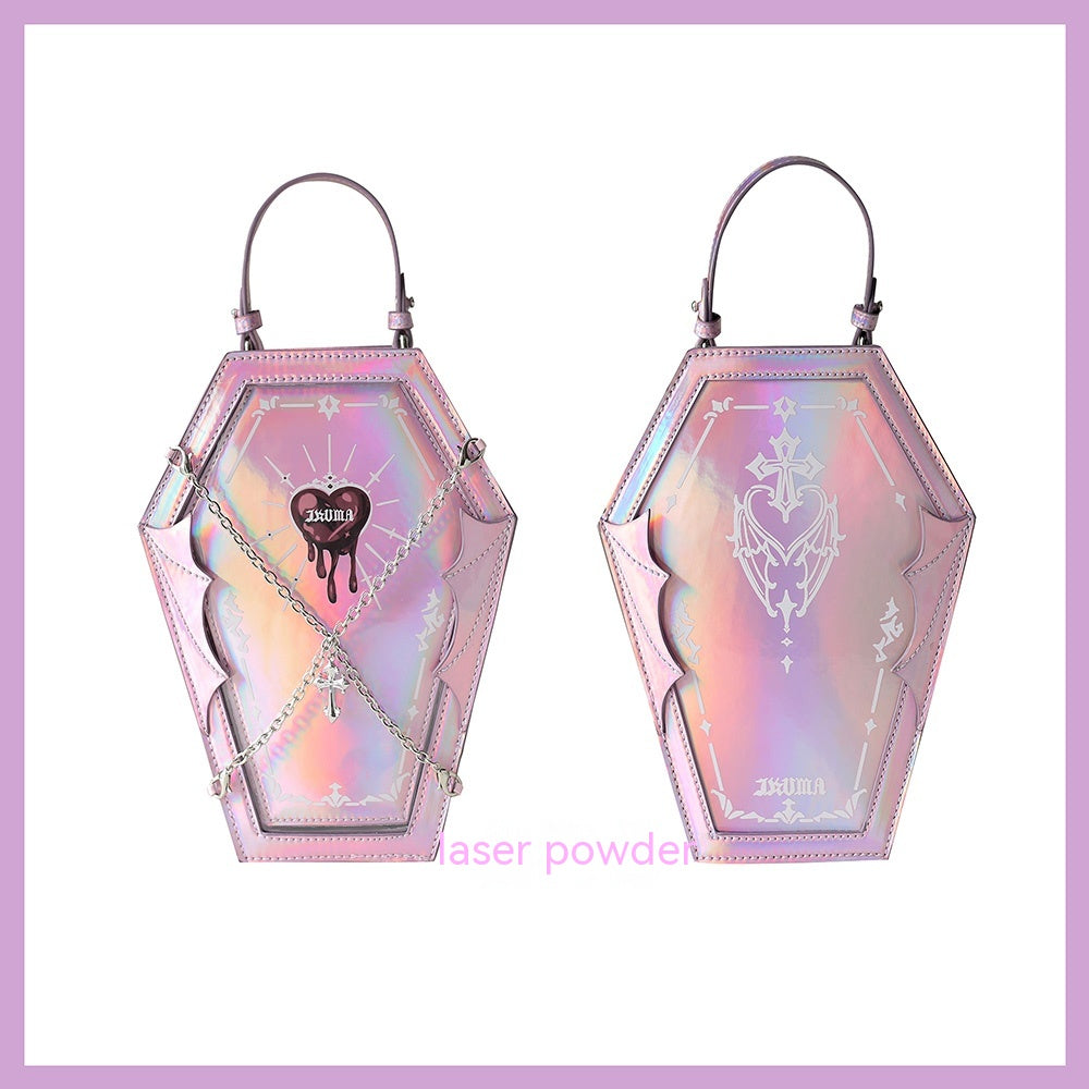 Borsa stile gotico a forma di bara Valstrend, con piccole maniglie su entrambe le spalle, dettagli eleganti e stile dark.