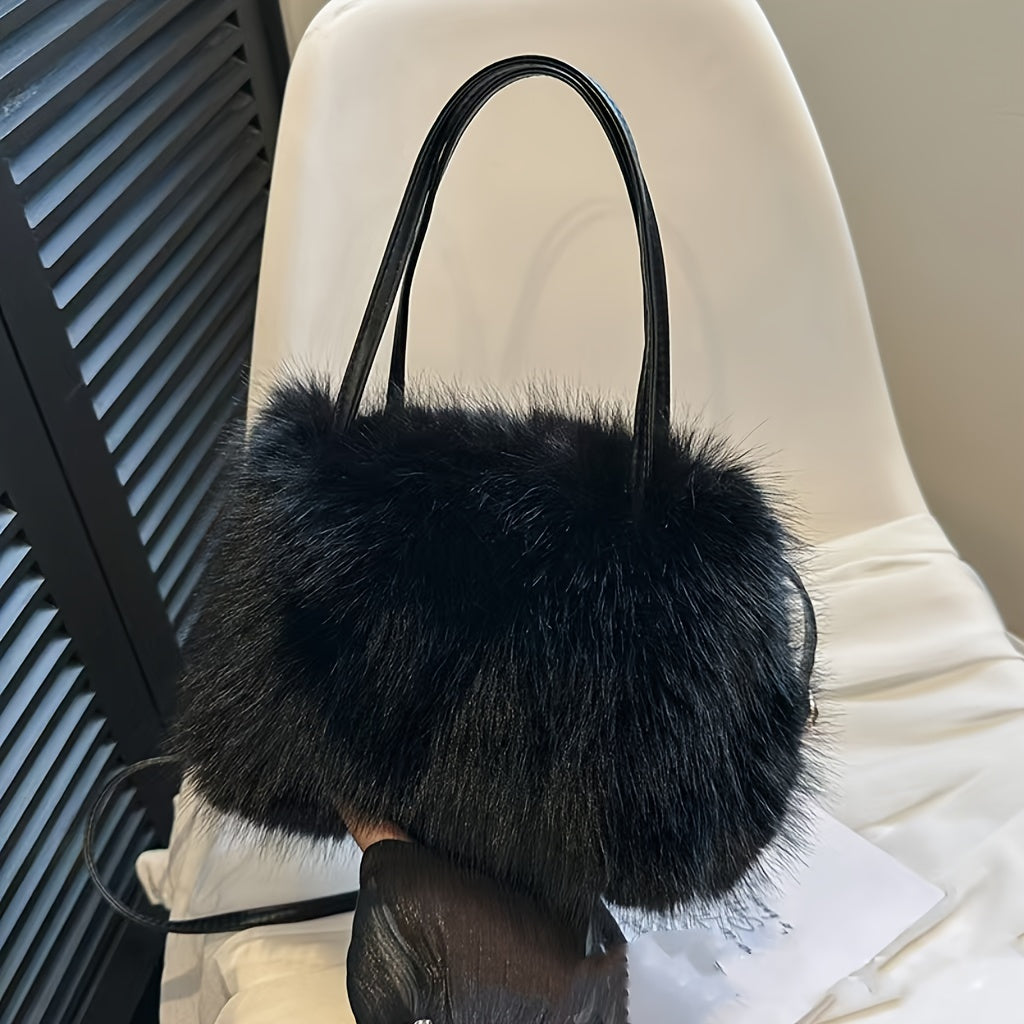 Chic Plush Women's Handbag - Soft Faux Fur, Versatile Crossbody & Top Handle Purse in Sky Blue/Green/Grey/Pink/Black