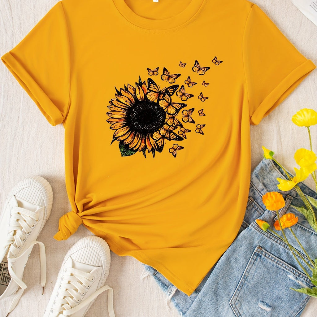 T-shirt con stampa girasole a girocollo, maniche corte, abbigliamento donna Valstrend, casual per estate e primavera