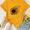 T-shirt con stampa girasole a girocollo, maniche corte, abbigliamento donna Valstrend, casual per estate e primavera