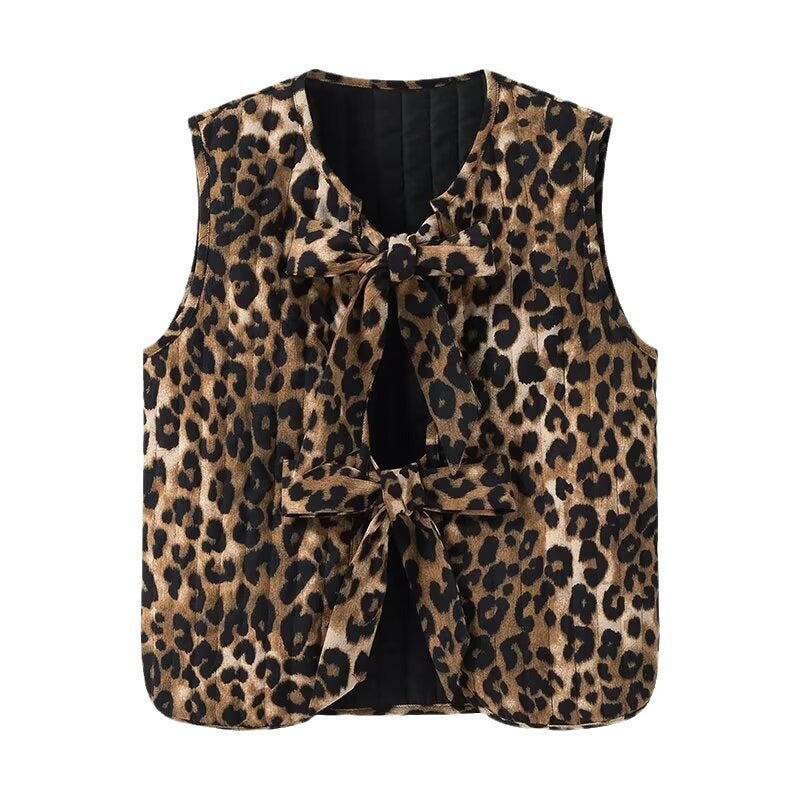 Maglietta slim fit da donna Valstrend in velluto a coste leopardato con fiocco e allacciatura, stile casual e alla moda.