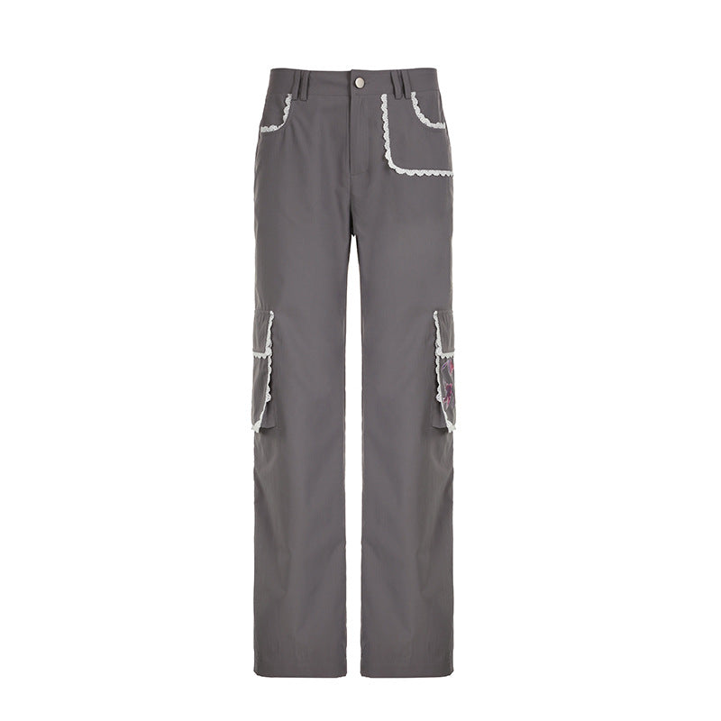 Pantaloni casual da donna Valstrend con pizzo francese contrasto, vestibilità larga e stile rilassato, in tessuto morbido e comodo.