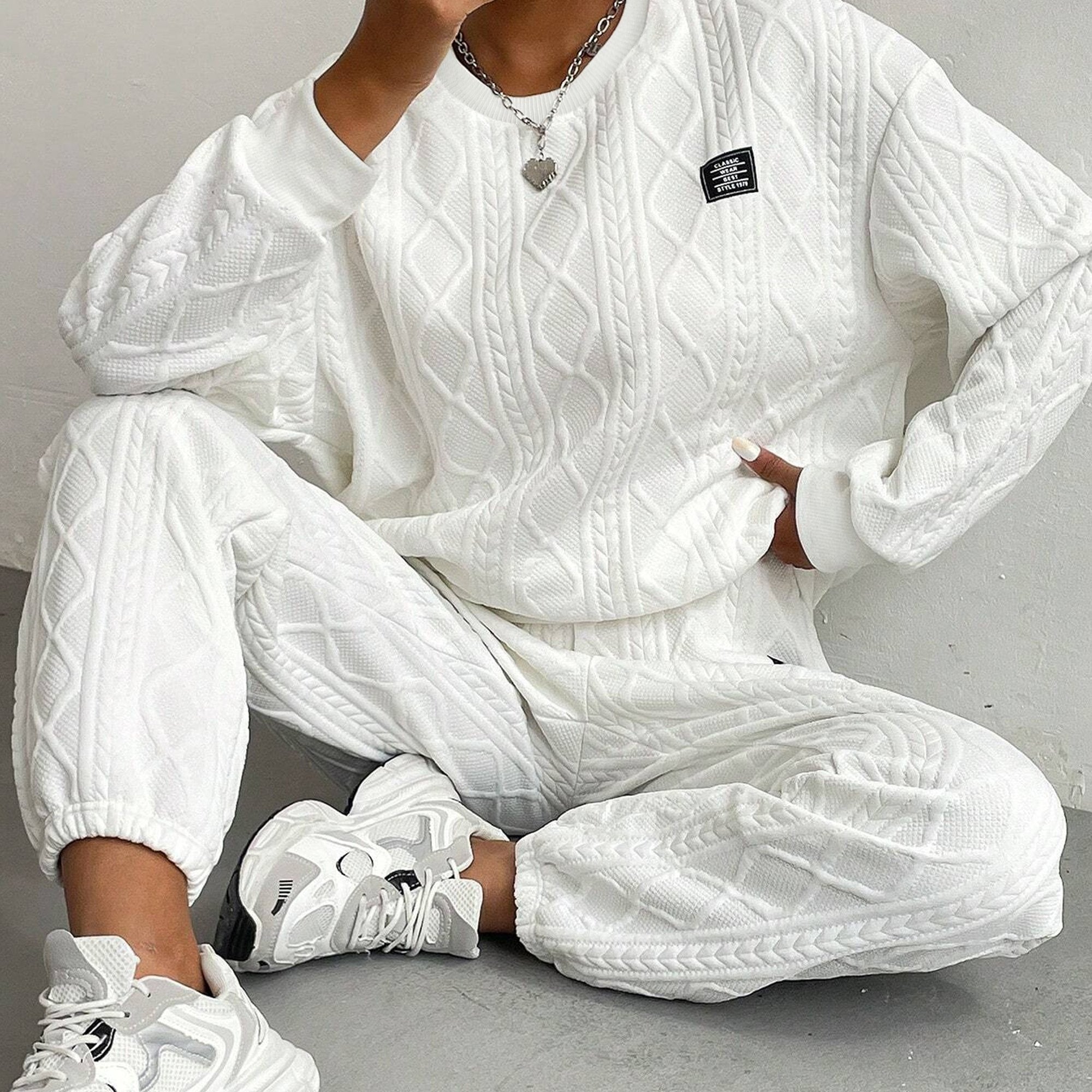 Patched Textured Casual Pants Set, Crew Neck Long Sleeve Sweatshirt & Elastic Waist Pants Outfits, Women's Clothing