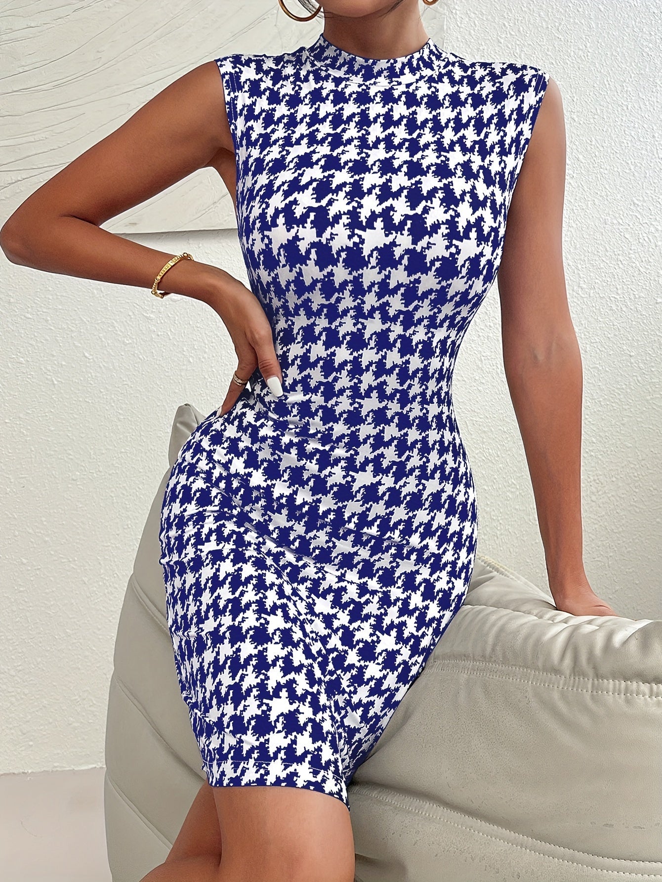 Houndstooth Print Mock Neck Bodycon Dress, Elegant Sleeveless Dress For Spring & Summer, Women's Clothing