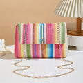 Chic Rainbow Stripe Straw Crossbody Bag for Women - Adjustable Shoulder Strap, Magnetic Closure, Tassel Accent, Fashionable Square Purse