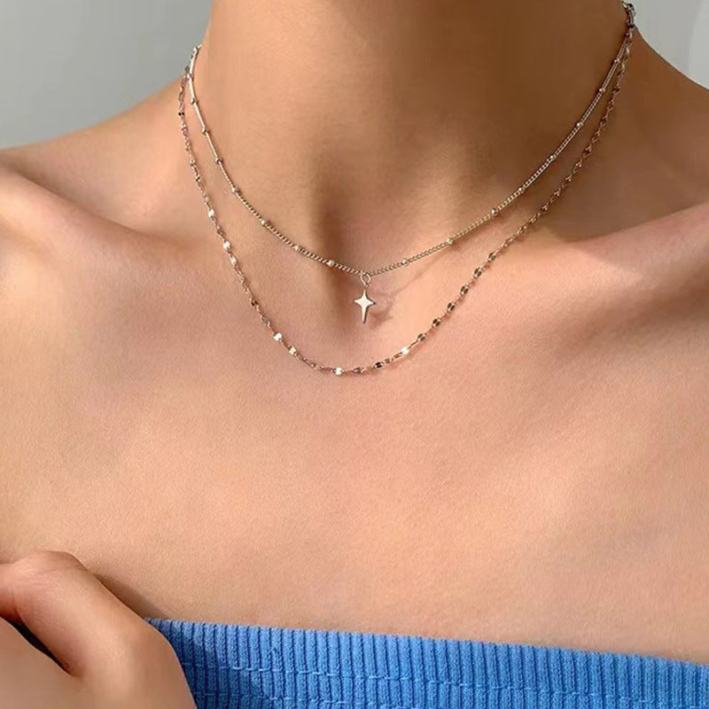 Collana doppio strato in titanio per donna, in acciaio inossidabile, con due fili sottili e lucidi, stile elegante e moderno