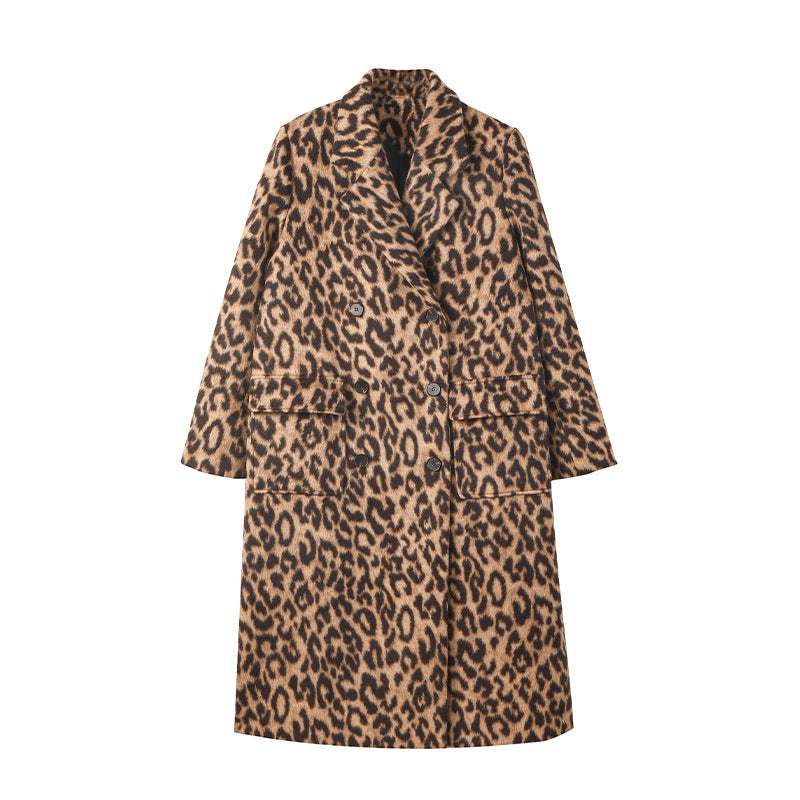 Cappotto lungo invernale leopardato da donna Valstrend, tessuto di lana caldo e stile elegante, con collo e tasche.