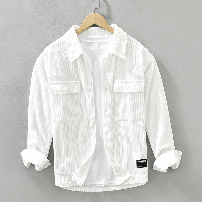 Camicia a maniche lunghe in stile giapponese Valstrend, tessuto waffle, top da lavoro casual, dettagli eleganti e comodi.