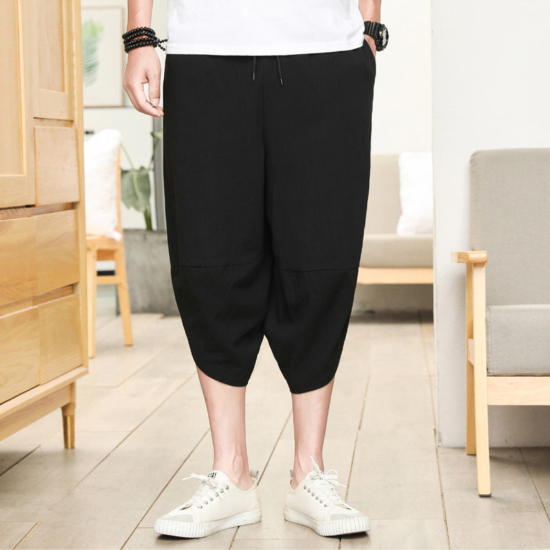 Pantaloni etnici da uomo Valstrend, cropped, tapered, in cotone e lino con fantasia floreale, stile harem.