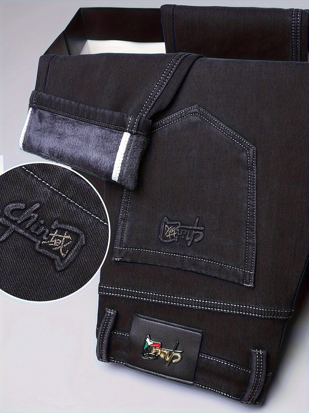 Jeans da uomo Valstrend con fodera in pile caldo, taglio dritto, denim spesso per inverno e stile business casual