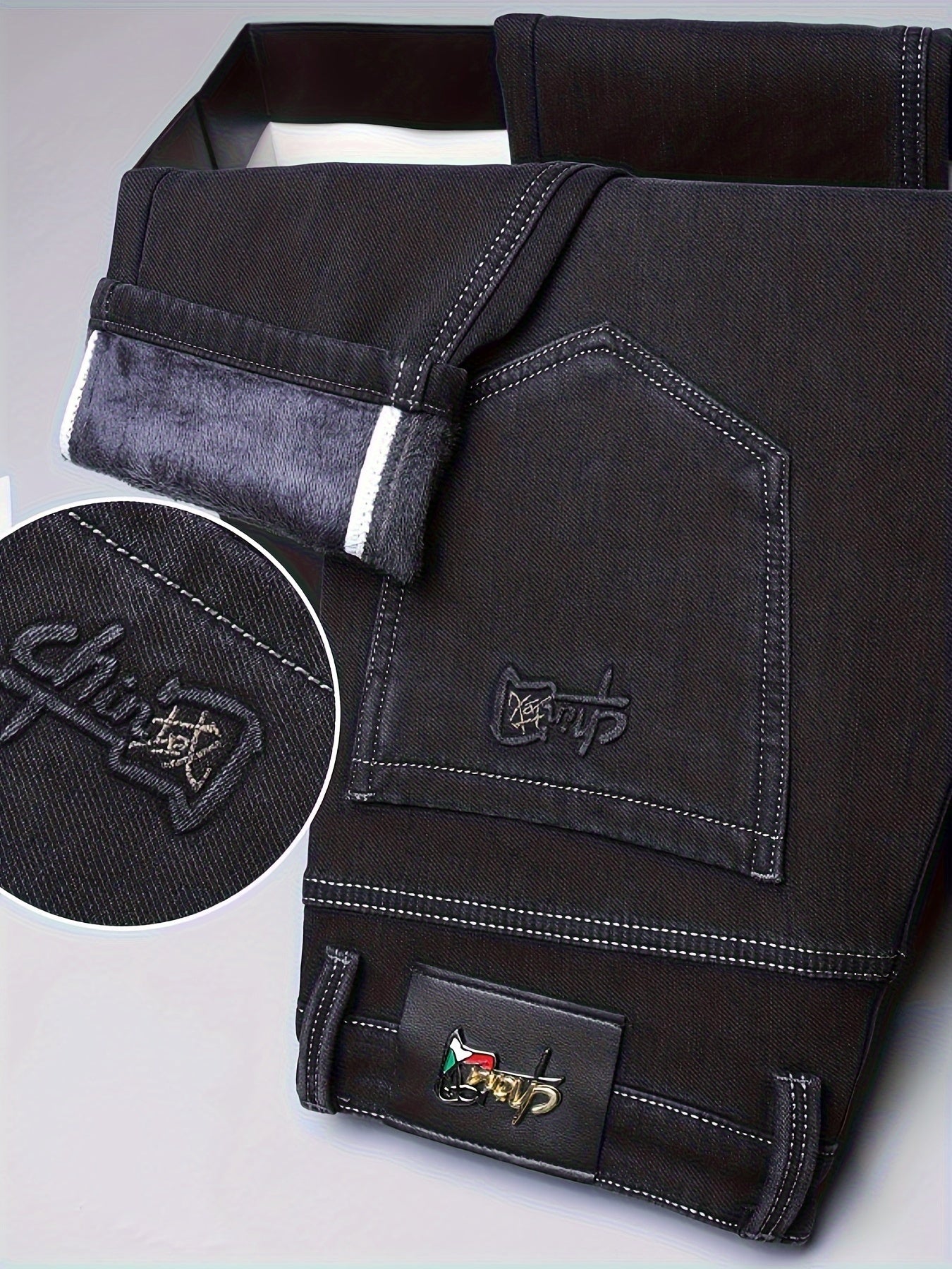 Jeans da uomo Valstrend con fodera in pile caldo, taglio dritto, denim spesso per inverno e stile business casual