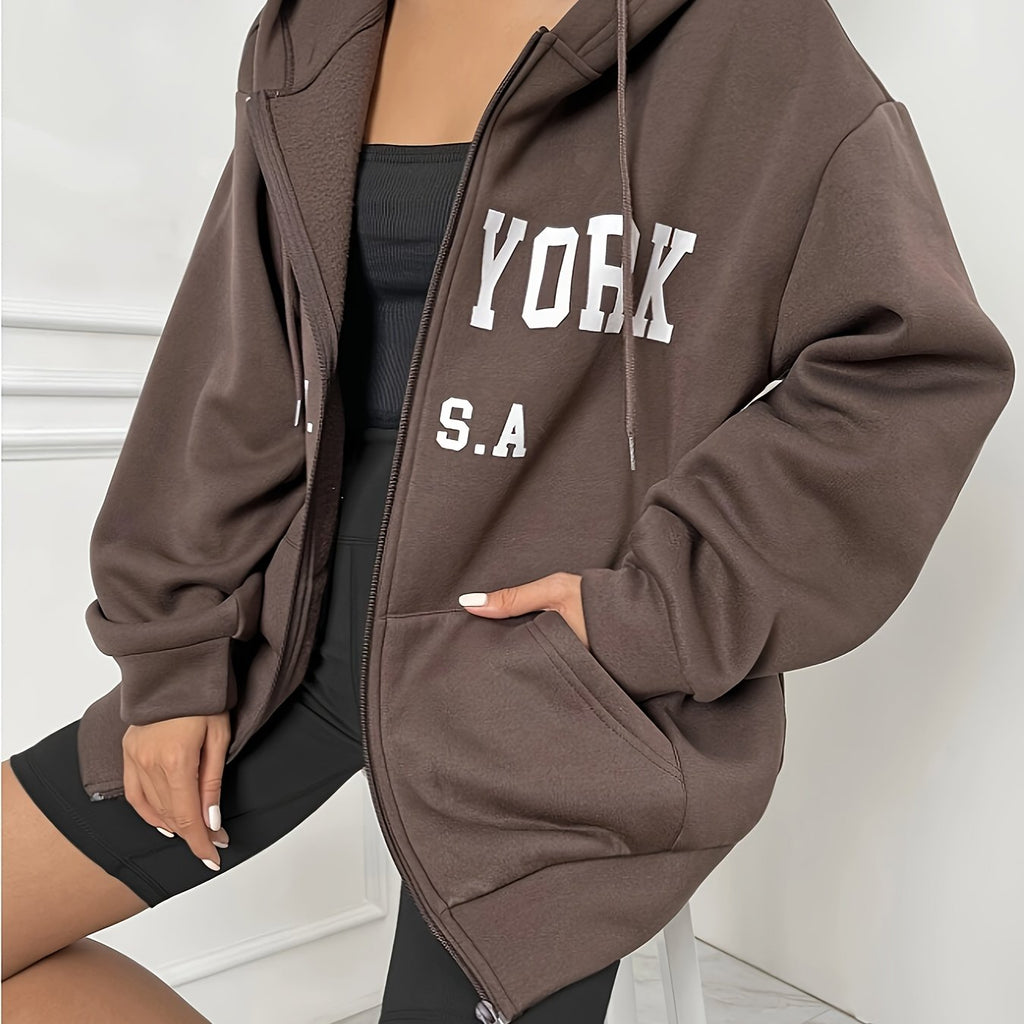 Felpa con stampa lettera Valstrend, cappuccio con tasca, zip e maniche lunghe, giacca casual da donna con coulisse