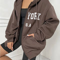 Felpa con stampa lettera Valstrend, cappuccio con tasca, zip e maniche lunghe, giacca casual da donna con coulisse