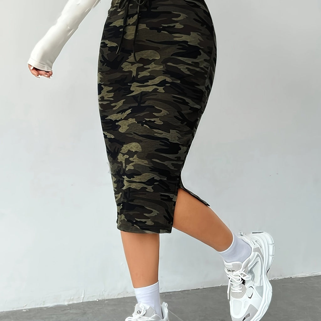 Camo Print Split Hem Pencil Skirt, Elegant High Waist Tied Skirt For Spring & Summer, Women's Clothing
