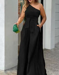 Summer Diagonal Collar Single-side Lace-up Irregular Strapless High Waist Pocket Wide-leg Pants Casual Jumpsuit