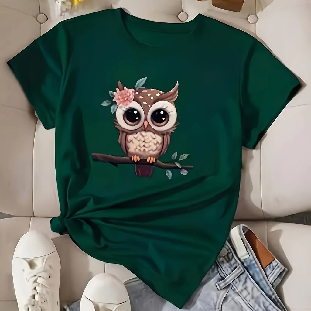 Maglietta donna Valstrend con stampa gufi cartoni, maniche corte, collo rotondo, ideale per primavera ed estate.