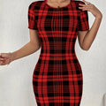 Plaid Pattern Bodycon Mini Dress, Elegant Crew Neck Short Sleeve Skinny Dress For Spring & Summer, Women's Clothing