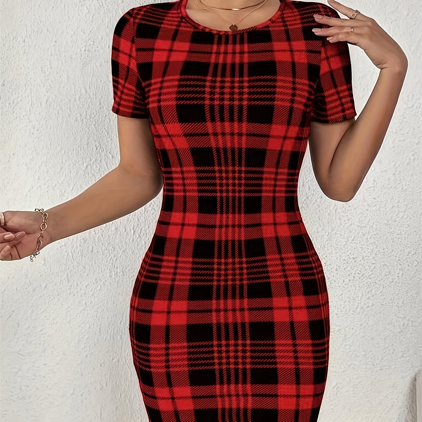 Plaid Pattern Bodycon Mini Dress, Elegant Crew Neck Short Sleeve Skinny Dress For Spring & Summer, Women's Clothing