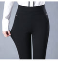 Pantaloni a sigaretta elasticizzati a vita alta in tessuto a righe, stile casual primavera, marchio Valstrend.