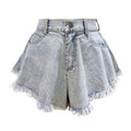 Shorts Donna a vita alta e vita larga in denim con nappe, stile casual e svasato, di marca Valstrend shop.