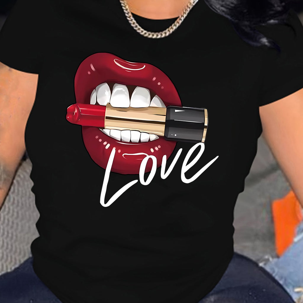 T-shirt donna Valstrend con stampa di rossetti e labbra, maniche corte, stile casual per primavera ed estate.