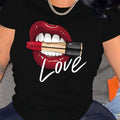 T-shirt donna Valstrend con stampa di rossetti e labbra, maniche corte, stile casual per primavera ed estate.