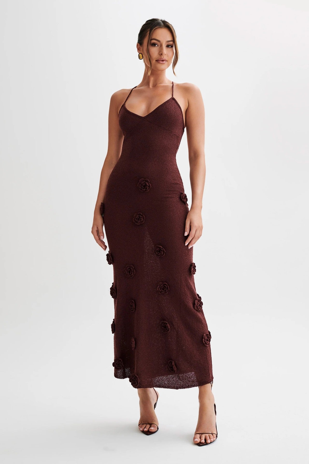 Vestito da donna Valstrend con gonna a bretelle, fiore tridimensionale, maglia, senza schiena e lacci, stile elegante e femminile