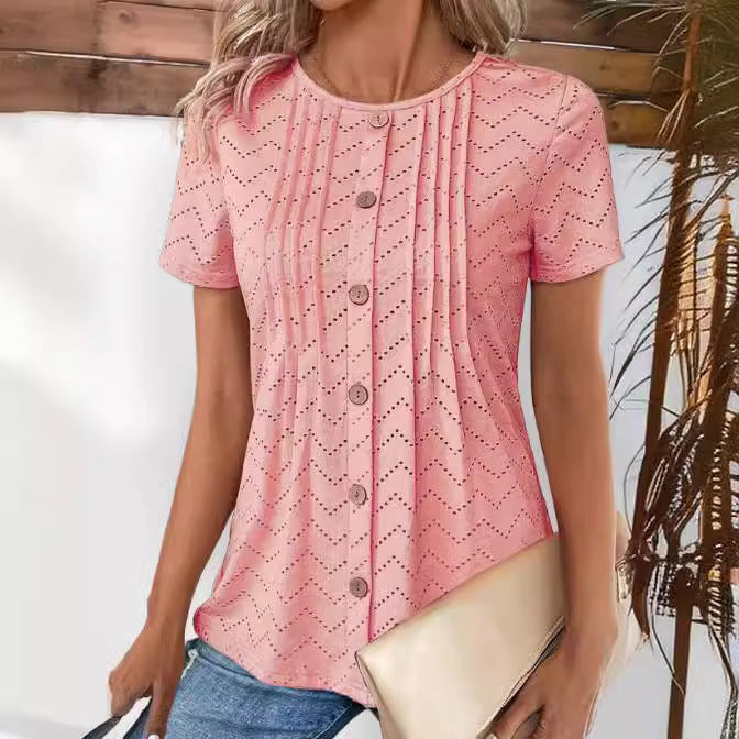 T-shirt donna Valstrend, maglia a maniche corte con apertura a rete, collo rotondo, pieghe e bottoni finti, colore solido.