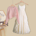 Maglione femminile in maglia, vestito largo con bretelle, look casual e elegante, marchio Valstrend.