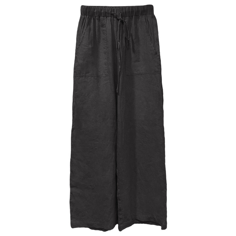 Pantaloni da donna Valstrend in lino puro, a sigaretta, a vita alta, pantaloni larghi casual, taglia comoda, con dettagli in pizzo.