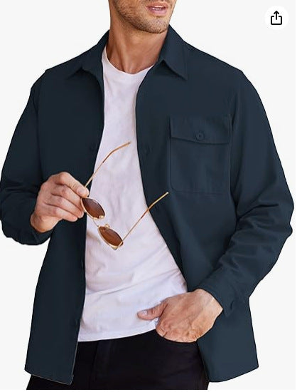 Camicia da uomo a maniche lunghe Valstrend in tessuto pesante, dettaglio visibile e stile casual elegante.