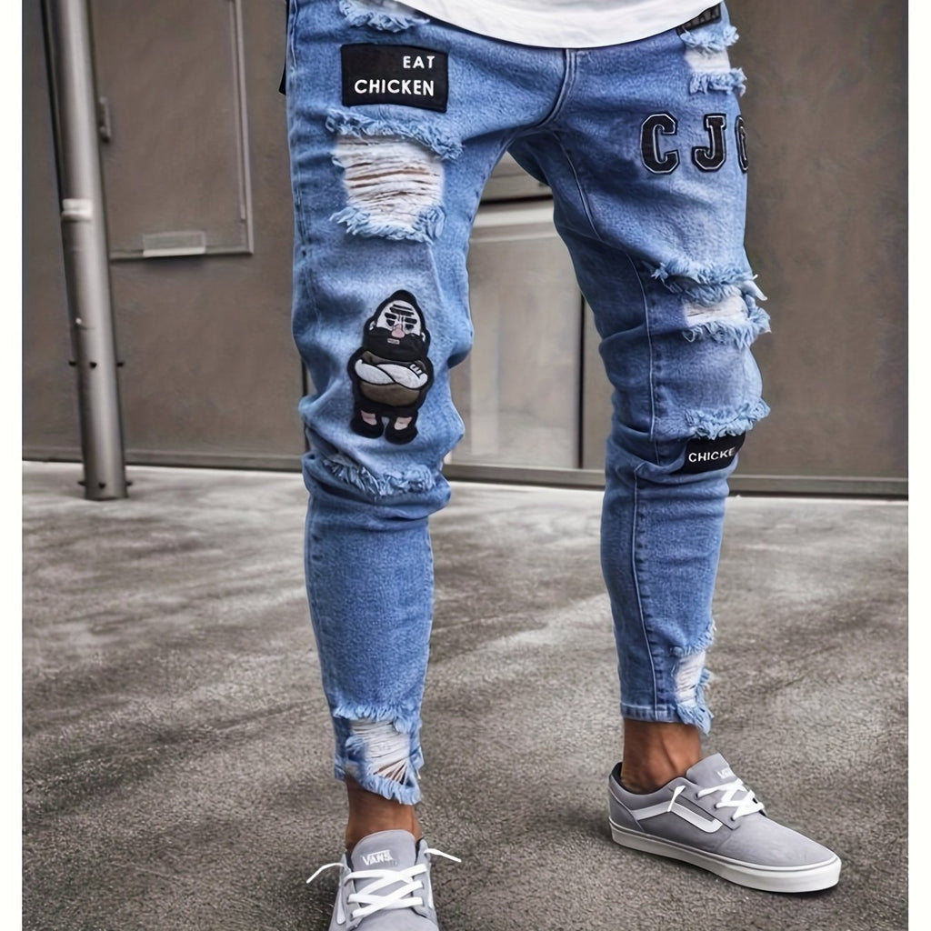 Jeans skinny da uomo Valstrend con tagli, stampa di lettere a pollo, stile casual e moda outdoor quotidiana.