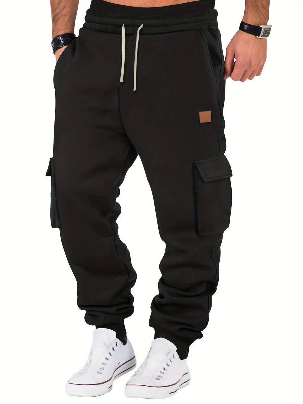 Pantaloni cargo casual da uomo Valstrend in cotone e poliestere, colore solido, vestibilità ampia, con coulisse e tessuto knit caldo.