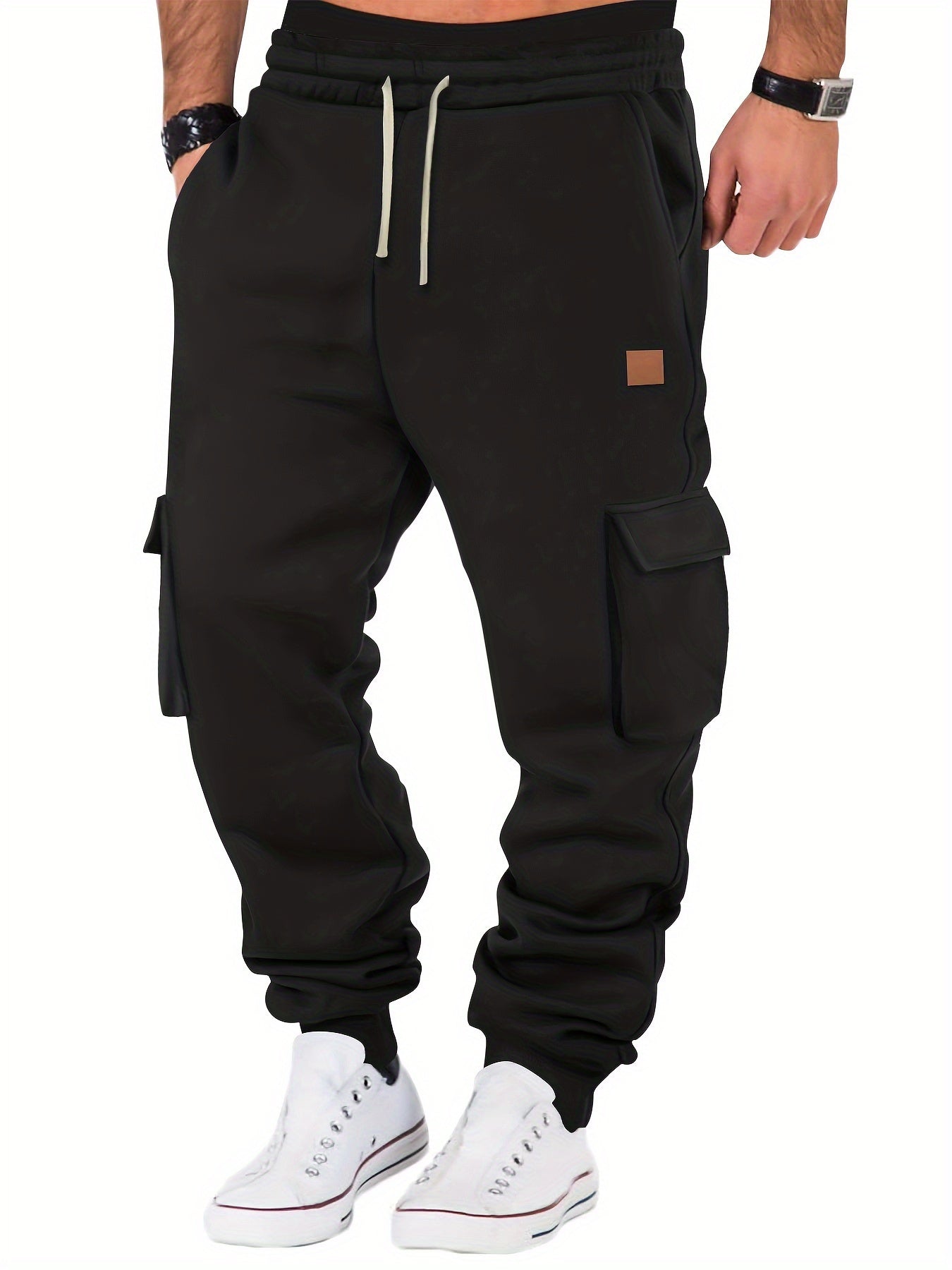 Pantaloni cargo casual da uomo Valstrend in cotone e poliestere, colore solido, vestibilità ampia, con coulisse e tessuto knit caldo.