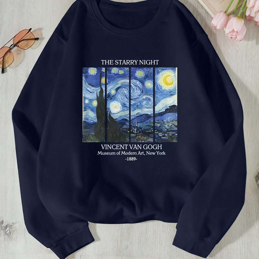 Starry Night Graphic And Letter Print Sweatshirt, Casual Long Sleeve Crew Neck Pullover, Fall/Winter Fashion Sportswear