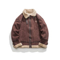 Giacca da uomo in suede marrone con collo a standing, imbottitura in lana di agnello e cotone, stile elegante e caldo.