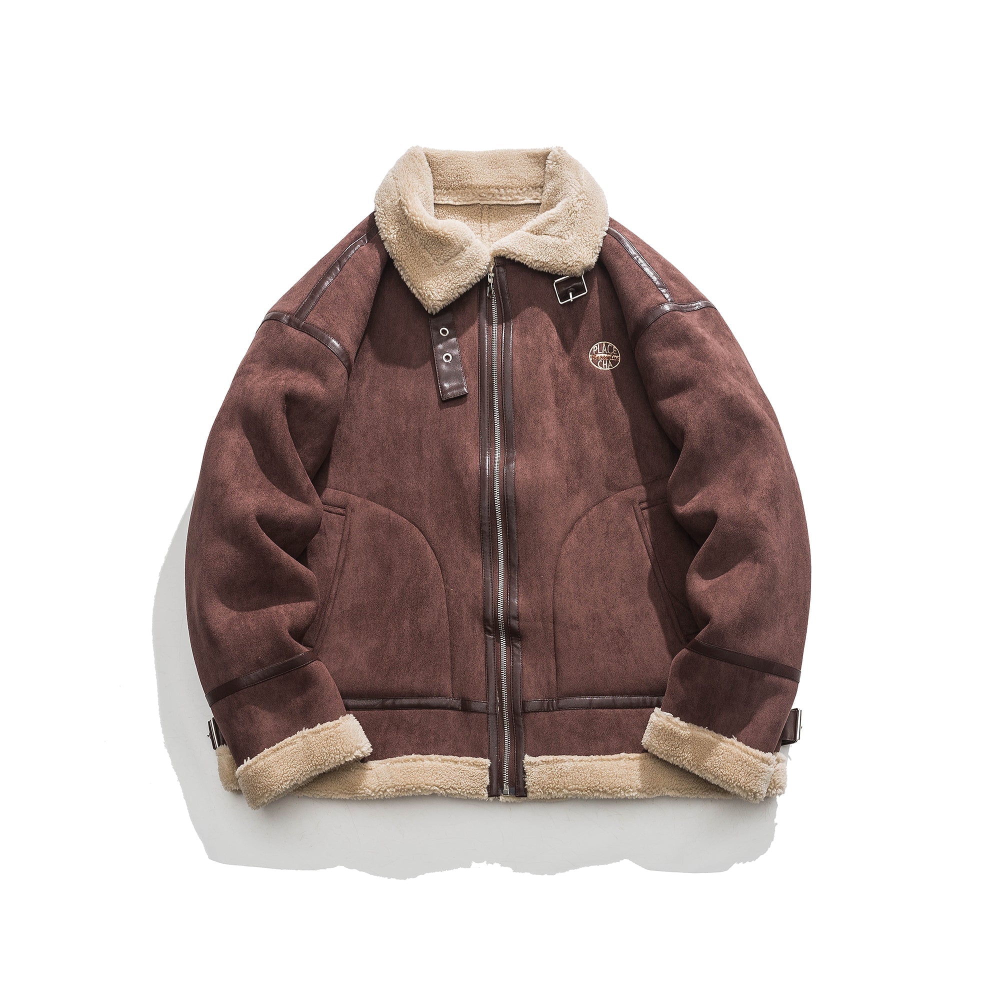 Giacca da uomo in suede marrone con collo a standing, imbottitura in lana di agnello e cotone, stile elegante e caldo.