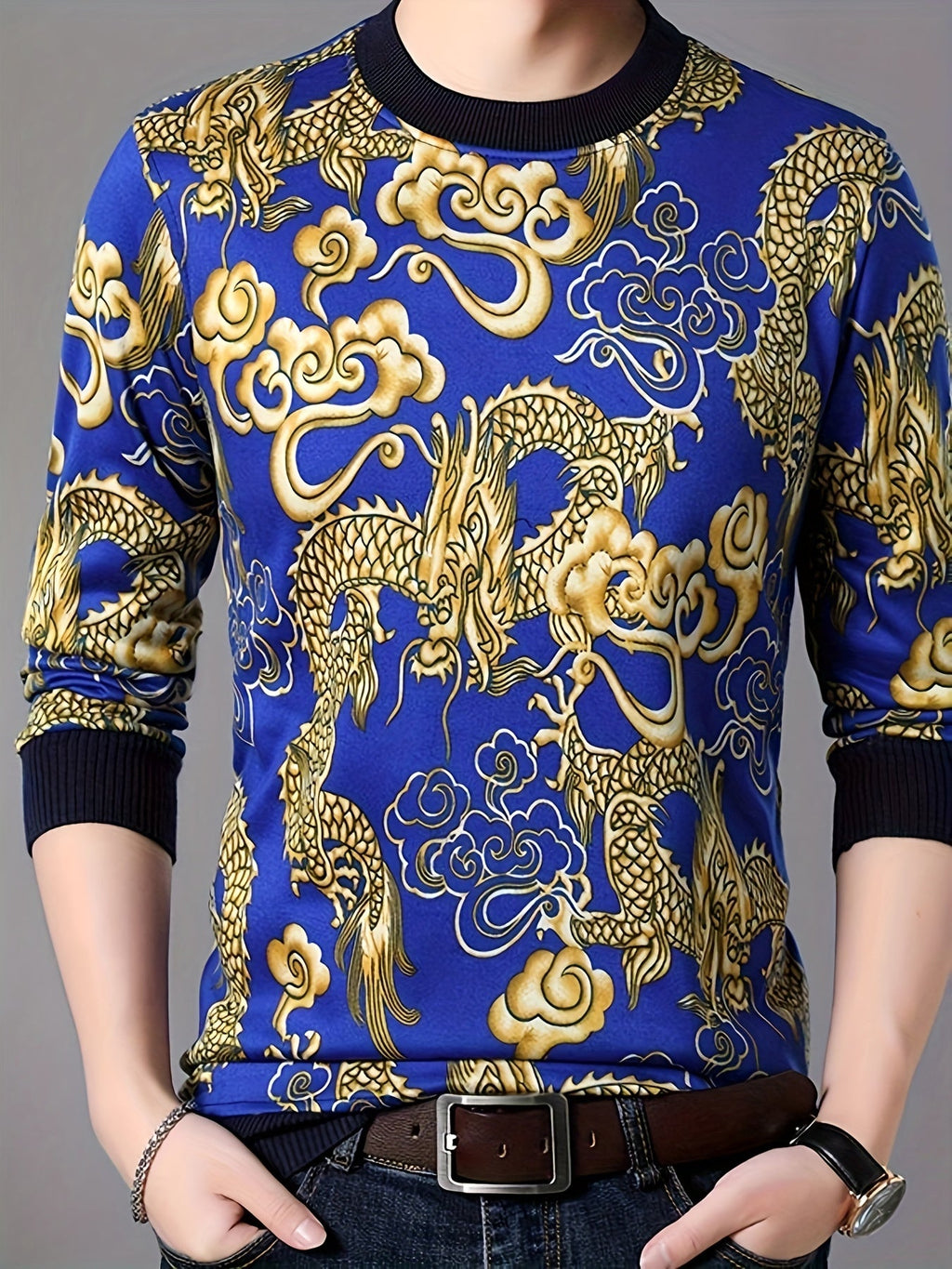 Maglione da uomo Valstrend con stampa di drago, collo rotondo, interno felpato, ideale per autunno e inverno, lavabile in lavatrice