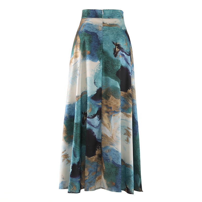 Vestito lungo per ragazze alte Valstrend, gonna a stampa inchiostro cinese, drappeggio elegante e gonna a ombrello liscia