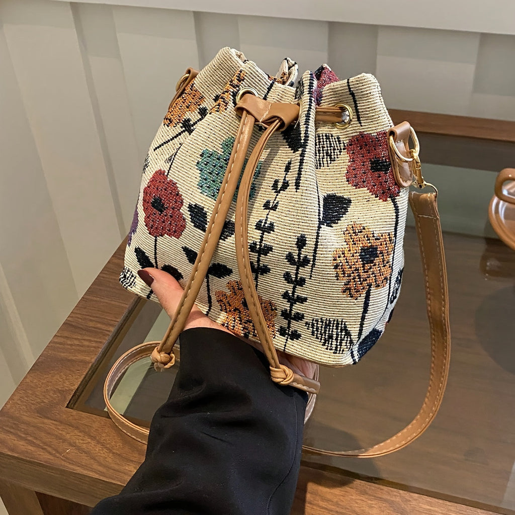 Elegant Floral Pattern Fabric Mini Crossbody Bucket Bag with Polyester Lining and Drawstring Closure for Women (1pcs, 17.27cm x 17.27cm) Hand Washable or Professionally Cleaned, No Edge Paint