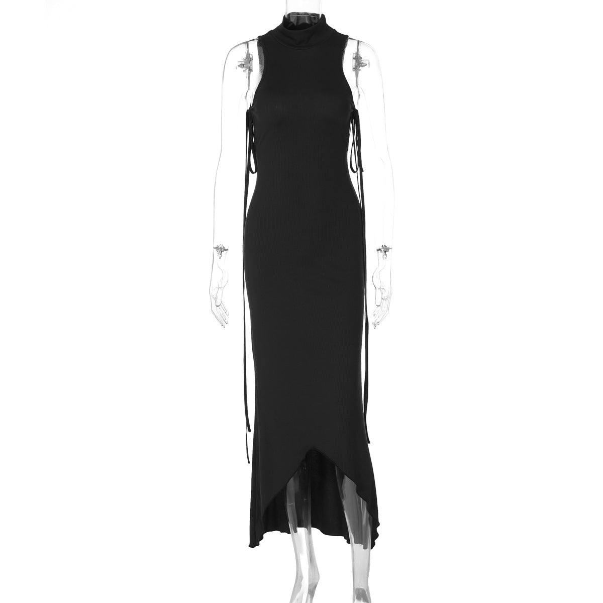 Vestito irregolare senza maniche Valstrend con cuciture traforate e dettagli in pizzo, colore solido, stile elegante e moderno.