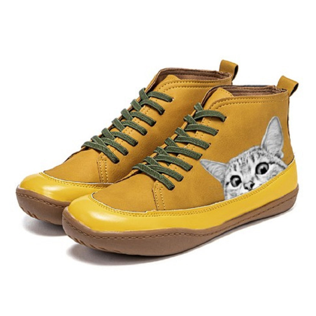 Scarpe boots flat comode per gatti stampati, taglia grande, marca Valstrend shop, con motivo colorato e design confortevole.