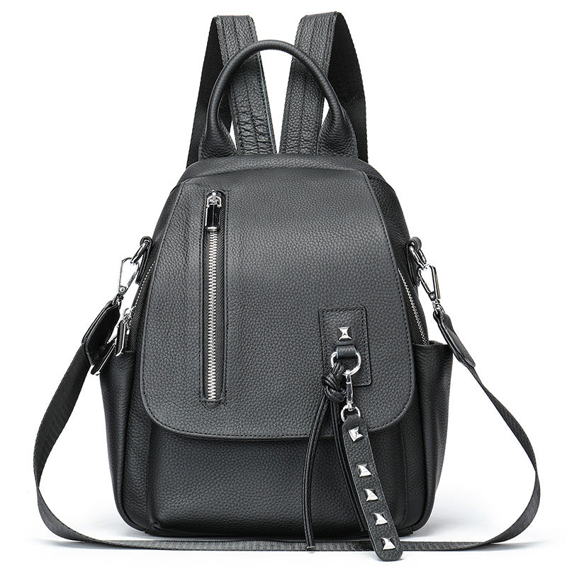 Zaino casual in pelle da donna Valstrend, stile semplice e elegante, con tasche e manici in pelle marrone chiaro.