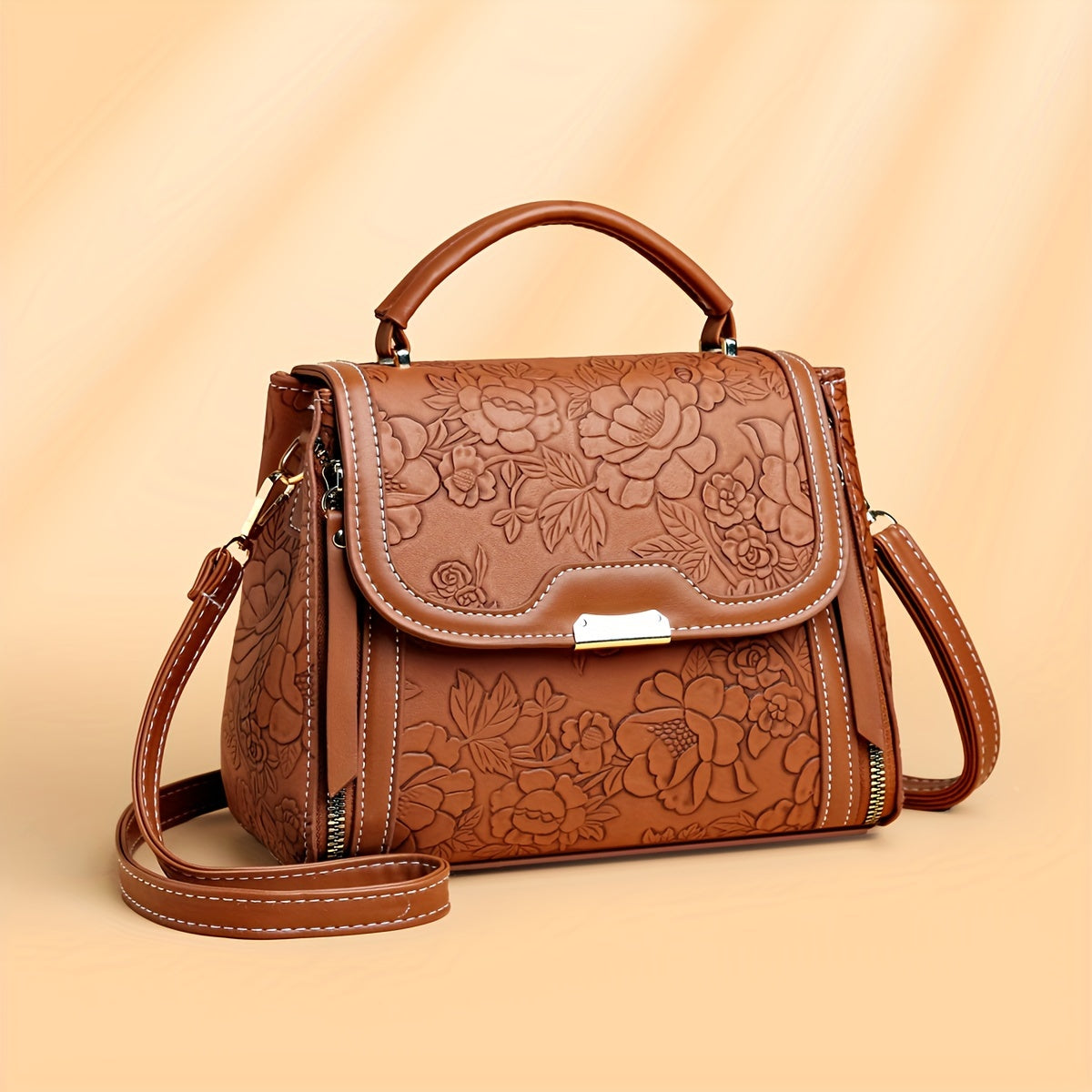 Elegant Floral Embossed Handbag for Women - Fashionable Faux Leather Crossbody Bag with Zip Closure