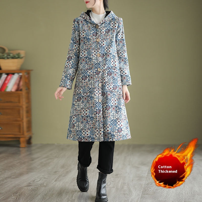 Giacca etnica in pile spessa con cappuccio medio lunghezza, stile Valstrend, ideale per l'inverno e il freddo.