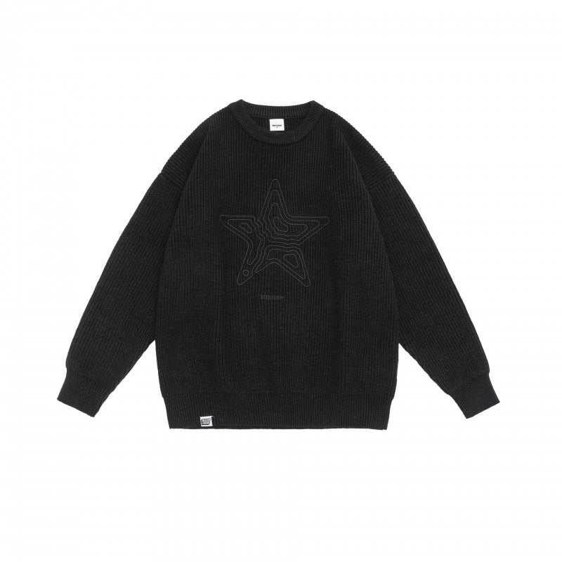 Maglione da uomo e donna Valstrend in stile retrò con collo a girocollo e motivo a cinque stelle in maglia, nero e bianco.