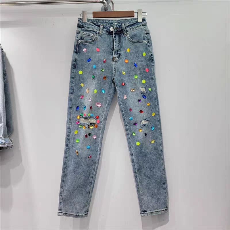 Jeans slim a vita alta con strappi e dettagli a diamante per donna, marca Valstrend shop, in denim blu.