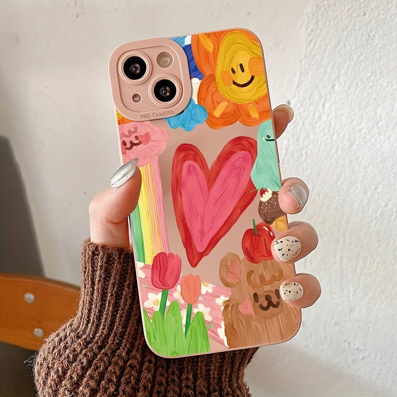 Custodia antiscivolo per iPhone con motivo cuore, fiori, orsi, arcobaleno, mela e gelato, in rosa, marca Valstrend.