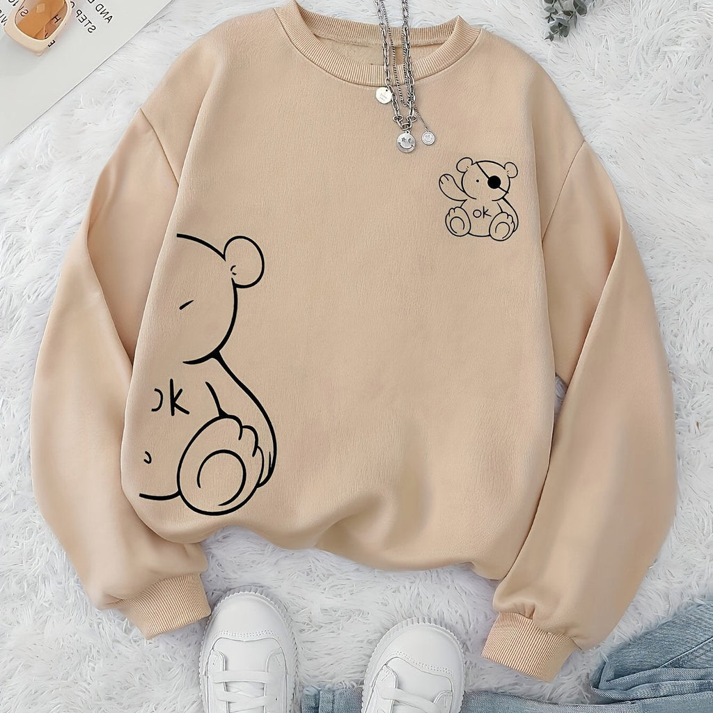 Women's Casual Cartoon Graphic Thermal Lined Sweatshirt, Polyester, Round Neck, Knit Fabric, Autumn/Winter Fashion Hoodie